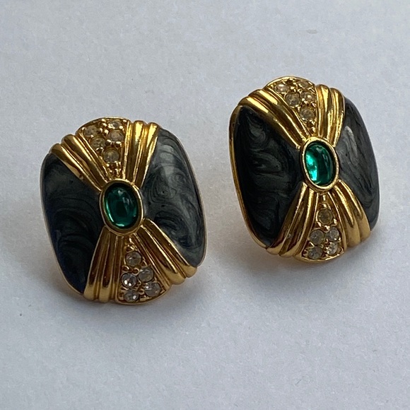 Kenneth Jay Lane Gold and Black Earrings with Green Accent - Picture 1 of 4